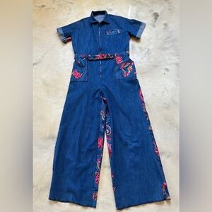 Handmade Boho Floral Denim Wide Leg Jumpsuit S/M Cotton Blend One Piece